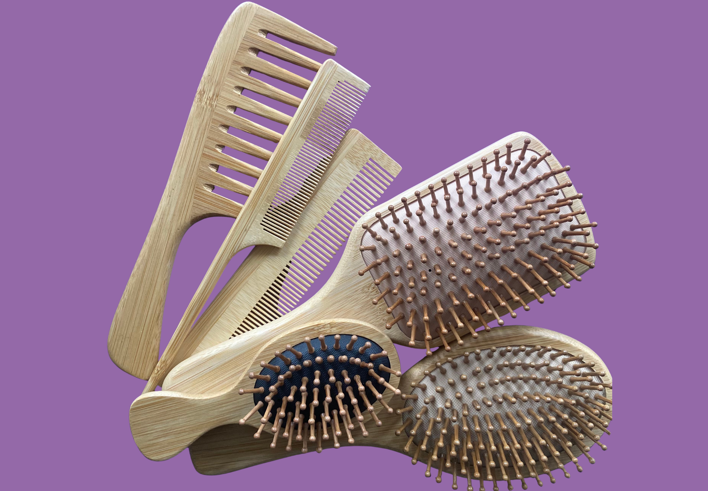 Assorted Bamboo Hairbrush and Comb Set